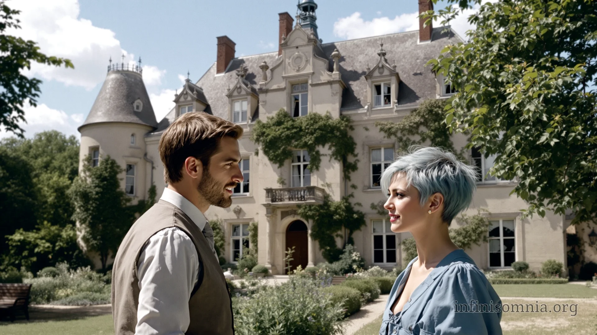 Dian und Miray sind im Garten einer Villa und unterhalten sich. Im Hintergrund steht ein altes, etwas vernachlässigtes französisches Herrenhaus.

