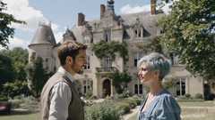 Dian und Miray sind im Garten einer Villa und unterhalten sich. Im Hintergrund steht ein altes, etwas vernachlässigtes französisches Herrenhaus.
