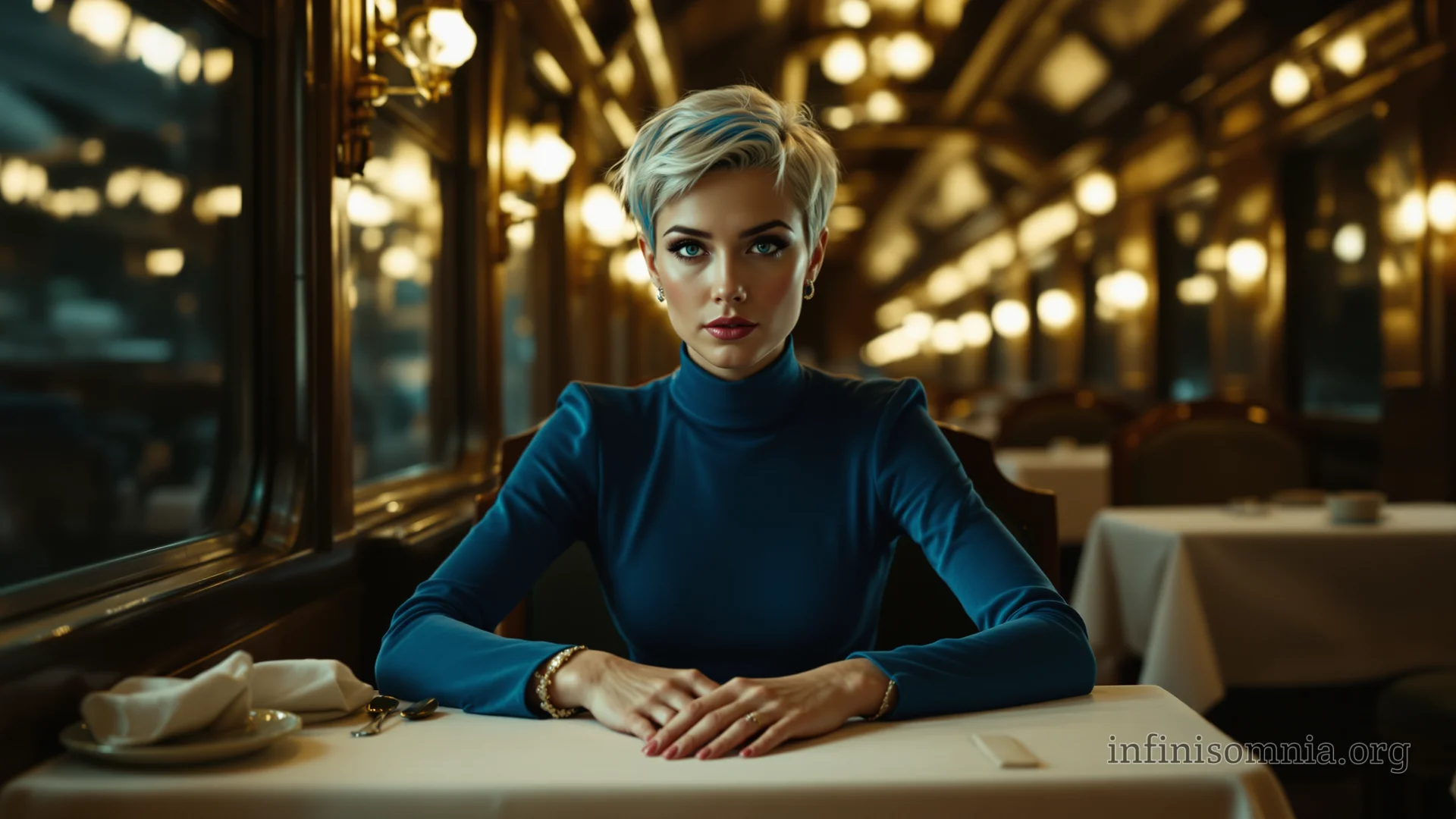 Ein Speisewagen eines alten Luxuszuges bei Nacht. Vorne sitzt eine junge Frau in einem eleganten, hochgeschlossenen blauen Kleid an einem Tisch und sieht aus, als würde sie auf jemanden warten.
