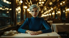 A dining car of an old luxury train at night. In the front, a young woman in an elegant, high-necked blue dress sits at a table, looking as if she is waiting for someone.