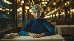 Ein Speisewagen eines alten Luxuszuges bei Nacht. Vorne sitzt eine junge Frau in einem eleganten, hochgeschlossenen blauen Kleid an einem Tisch und sieht aus, als würde sie auf jemanden warten.