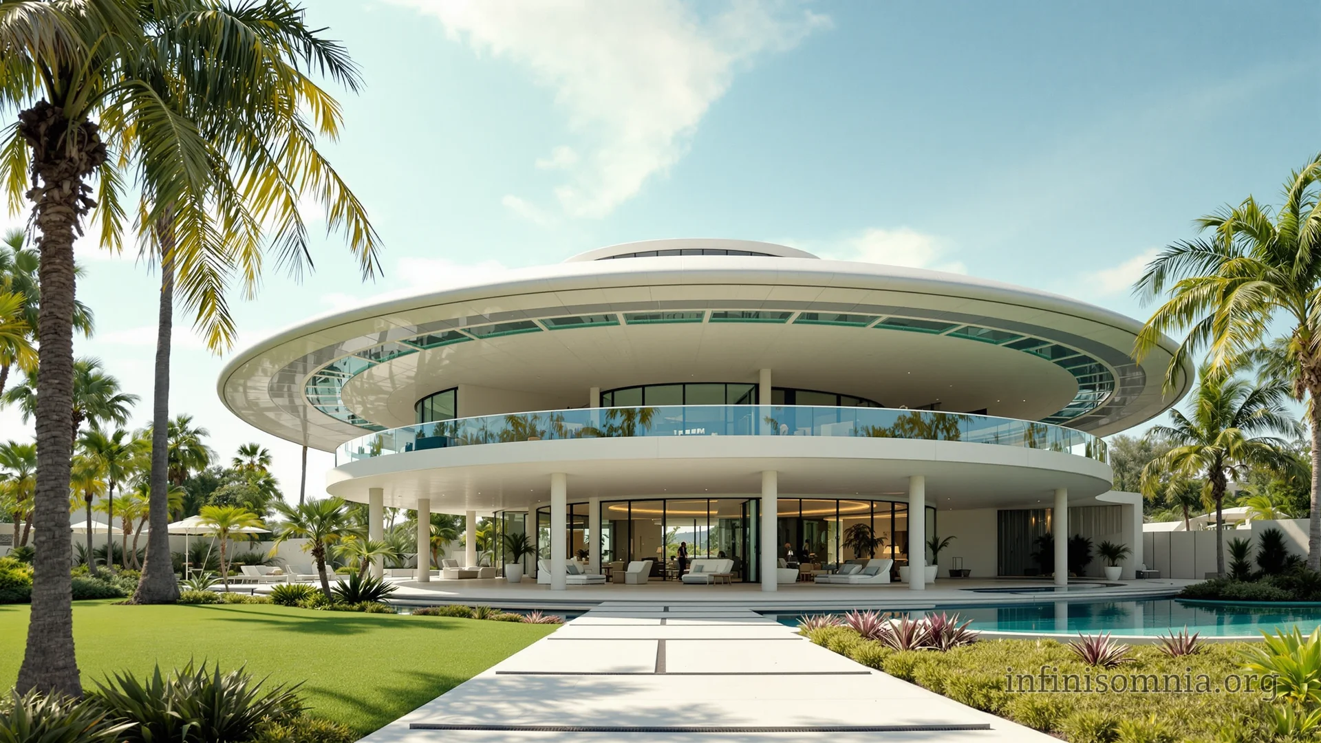 Ein modernes, luxuriöses Haus mit einzigartigem architektonischem Design. Das Haus ist rund und hat ein flaches, scheibenartiges Dach, das über die Wände hinausragt. Das Gebäude ist weiß, mit großen Glasfenstern und Balkonen, die einen weiten Blick auf die Umgebung bieten.
Im Vordergrund befindet sich ein gepflegter Rasen mit einem Weg, der zum Haus führt. Der Weg wird von sauber geschnittenen Sträuchern und kleinen Pflanzen gesäumt. Rechts vom Haus befindet sich ein Swimmingpool, der von weiterem Grün und Liegestühlen umgeben ist.
Es ist ein sonniger Tag. Der Himmel ist klar mit einigen vereinzelten Wolken.
