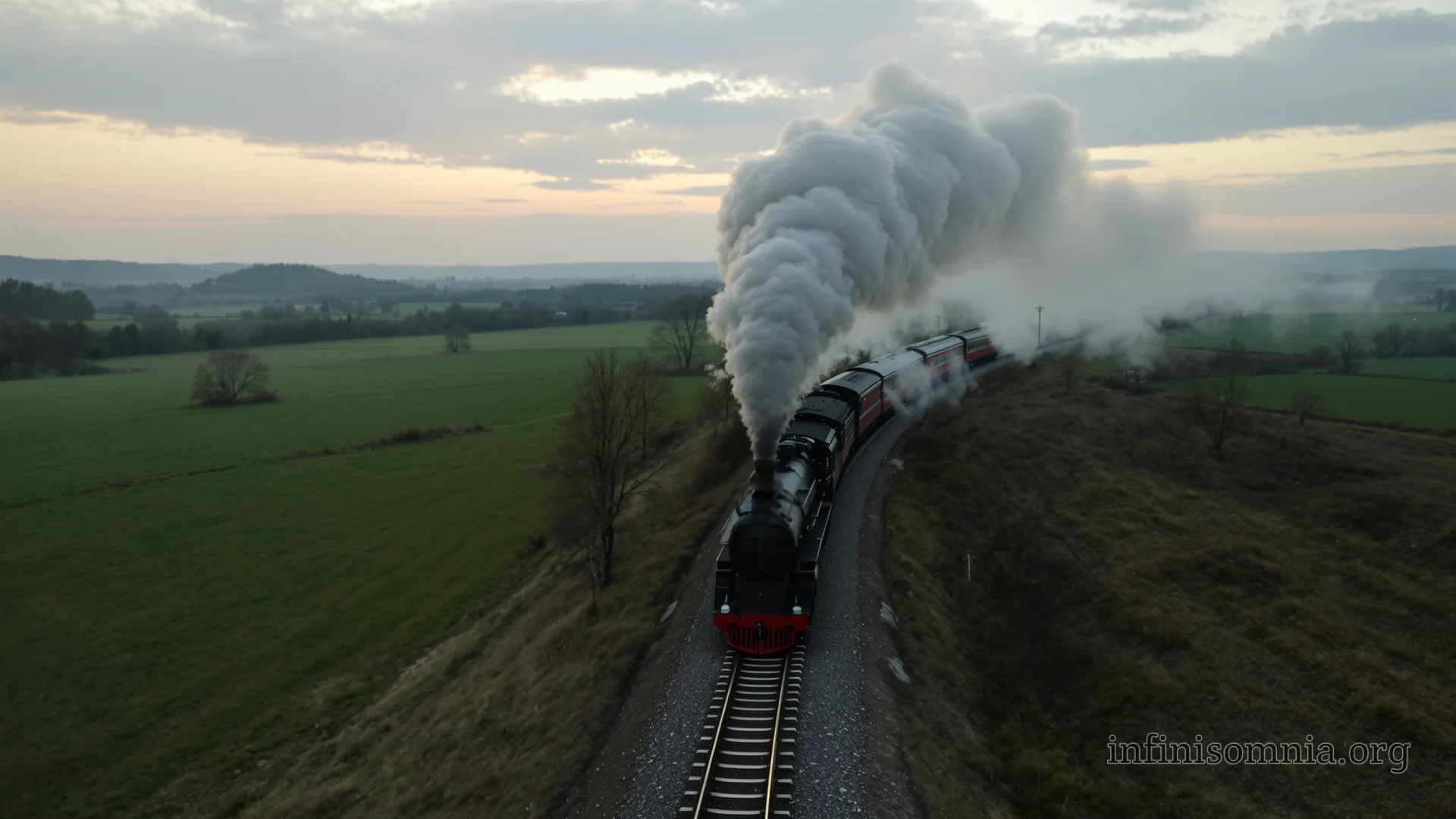 In der Dämmerung fährt ein Zug durch eine ländliche Landschaft. Ganz vorne befindet sich eine Dampflokomotive, gefolgt von mehreren Waggons, von denen einige in Rauch gehüllt sind. Du stehst leicht erhöht und blickst direkt auf den Zug.
