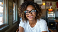 In a shabby beach café in Malibu. A woman with black curls and brown skin, wearing trendy nerd glasses, sits at a table and grins confidently. In the background and out of focus, is a slot machine.