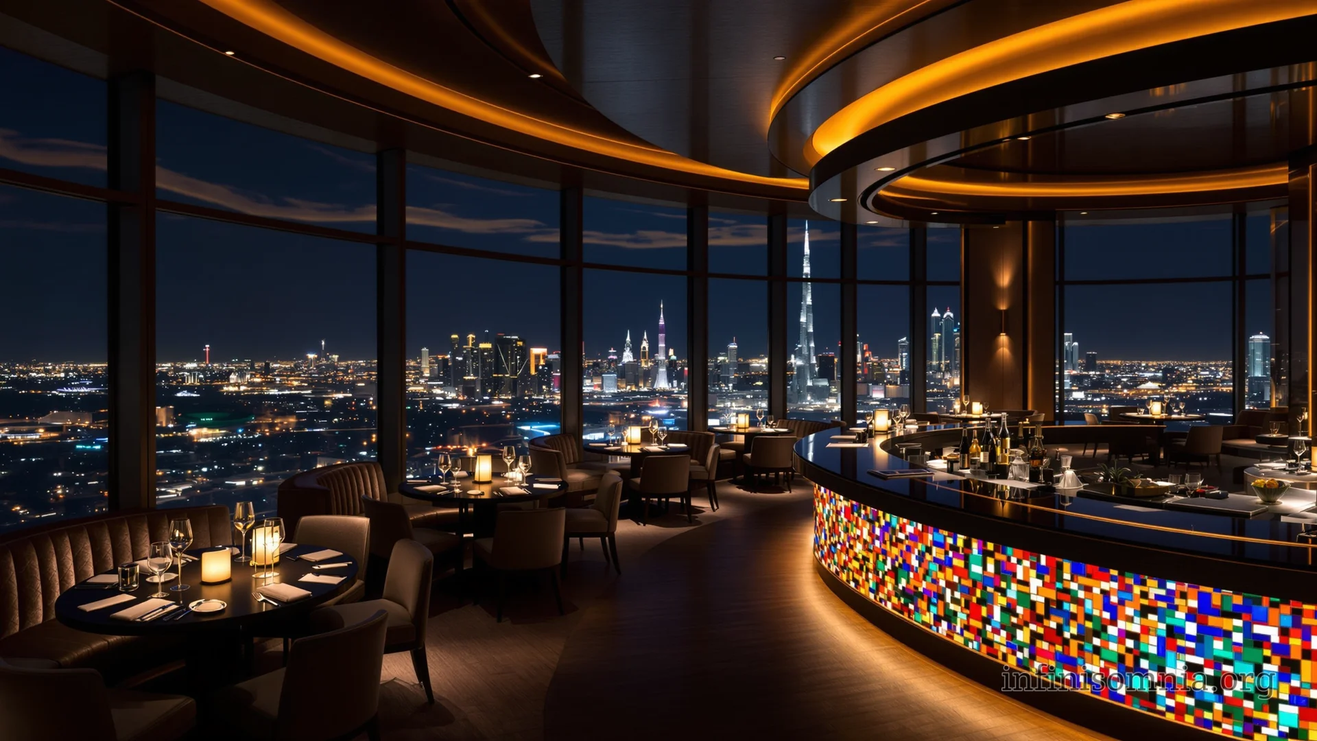 Ein luxuriöses Restaurant in einem der oberen Stockwerke eines Wolkenkratzers. Links stehen Tische nahe großer Panoramafenster. Rechts befindet sich eine geschwungene Bar mit bunten Mosaiksteinen an der Vorderseite. Draußen siehst du die nächtliche Skyline einer Großstadt mit weiteren Wolkenkratzern und tausenden von Lichtern. Gedimmtes, warmes Licht schafft eine gemütliche Atmosphäre.
