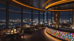 Ein luxuriöses Restaurant in einem der oberen Stockwerke eines Wolkenkratzers. Links stehen Tische nahe großer Panoramafenster. Rechts befindet sich eine geschwungene Bar mit bunten Mosaiksteinen an der Vorderseite. Draußen siehst du die nächtliche Skyline einer Großstadt mit weiteren Wolkenkratzern und tausenden von Lichtern. Gedimmtes, warmes Licht schafft eine gemütliche Atmosphäre.
