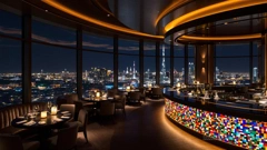 A luxurious restaurant in an upper floor of a skyscraper. To the left, there are tables near large panoramic windows. To the right, there is a curved bar, with colorful mosaic stones on the front. The skyline of a big city at night can be seen outside, with other skyscrapers and thousands of lights. Dimmed, warm lighting creates a cozy atmosphere.