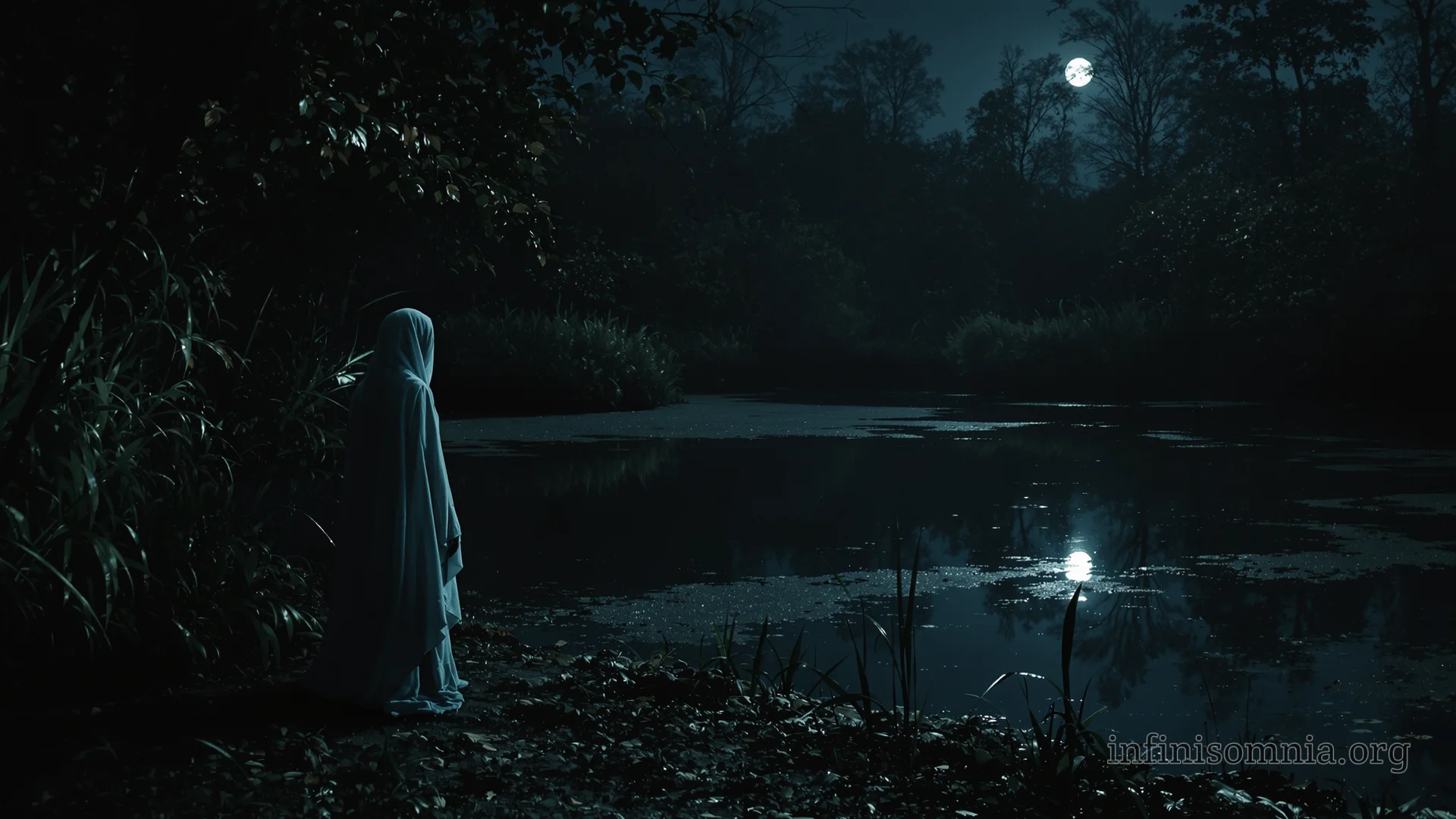 Nachts erhellt der blasse Mond einen überwucherten See. Eine geisterhafte Erscheinung steht am Ufer und blickt auf den See hinaus. Die Atmosphäre ist düster und unheimlich.
