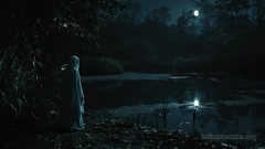 At night, the pale moon illuminates an overgrown lake. A ghostly apparition stands on the shore and gazes out at the lake. The atmosphere is gloomy and eerie.
