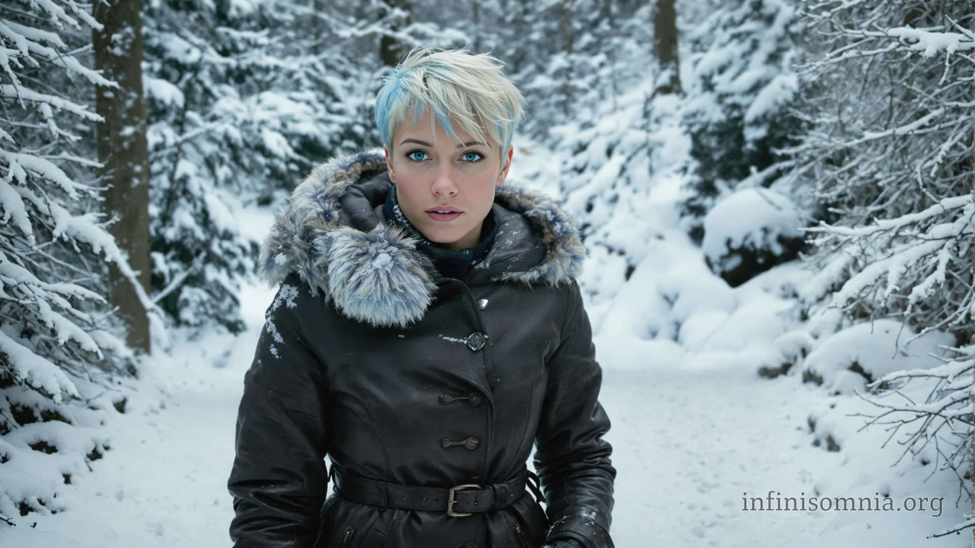 Ein schneebedeckter Wald. Im Vordergrund steht eine Frau mit kurzen Haaren und blauen Strähnchen. Sie trägt eine dunkle Lederjacke mit einer Fellkapuze und scheint in Gedanken versunken zu sein.
