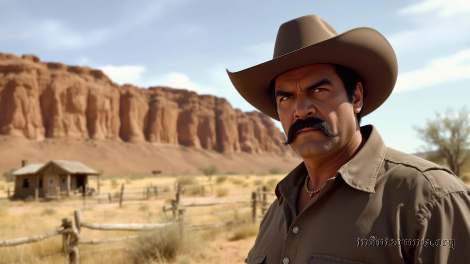 Ein Cowboy starrt unfreundlich in die Kamera. Im Hintergrund eine Blockhütte und ein Zaun in der Savanne, mit einer Wüstenklippe am Horizont.
