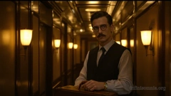 A tall, gaunt man stands in a corridor lit by warm artificial light. He is carrying a suitcase.