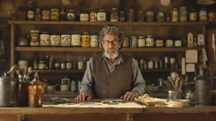 Ein Eisenwarenladen in einem Western. Hinter der Theke steht ein älterer Mann mit grauem Haar, einem grauen Bart und einer Brille.