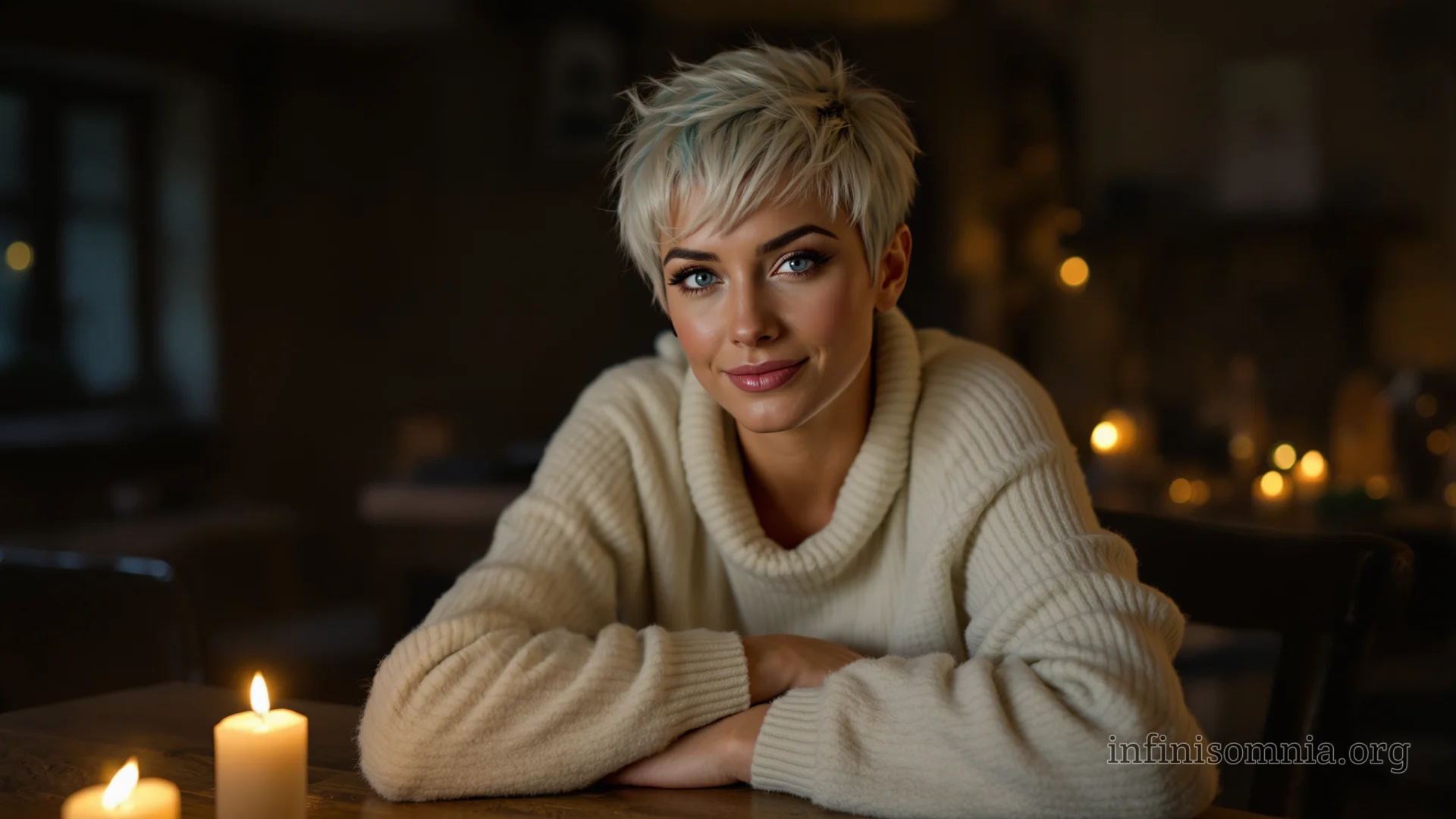 Ein dunkler Schankraum in einem alten Gasthaus, beleuchtet von Kerzen. Eine Frau in einem beigen Pullover sitzt am Tisch.
