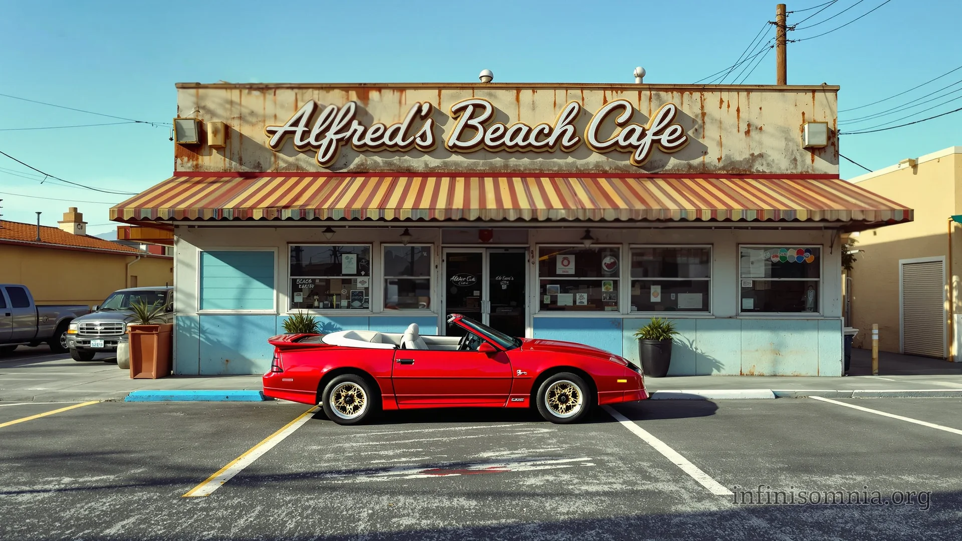 Ein etwas heruntergekommenes Strandcafé in San Francisco: Die Fassade ist dreckig, die Farbe blättert ab, und die Markise ist verdreckt. Ein roter Firebird parkt vor dem Eingang.
