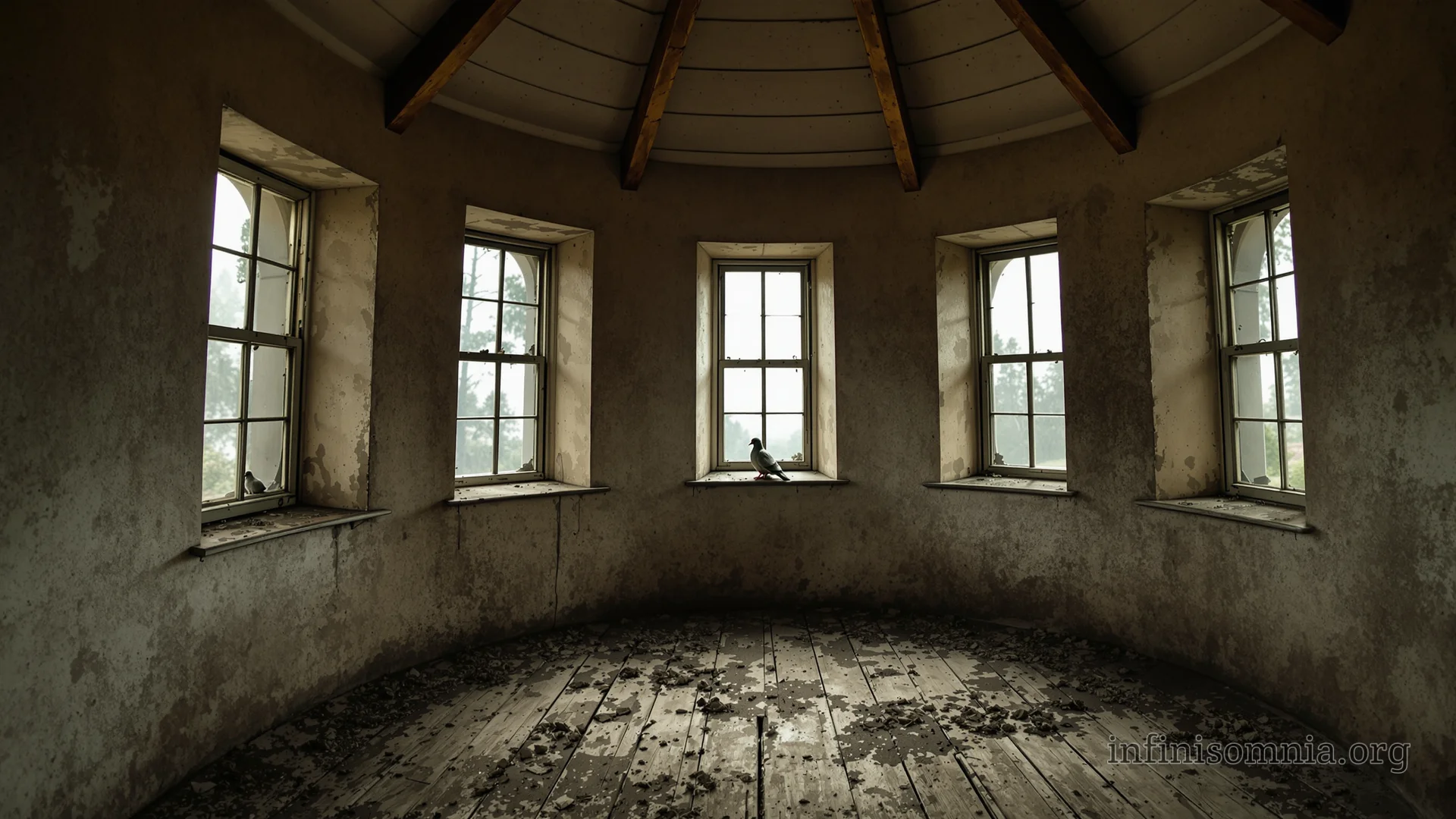 Ein altes Turmzimmer mit mehreren Fenstern. Es sieht dreckig aus. Einige der Fenster sind kaputt. Auf einem Fensterbrett sitzt eine Taube.
