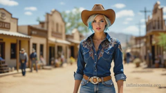 Eine Frau, die ein blaues Cowboy-Outfit und einen braunen Hut trägt, steht auf der staubigen Hauptstraße einer kleinen Westernstadt.