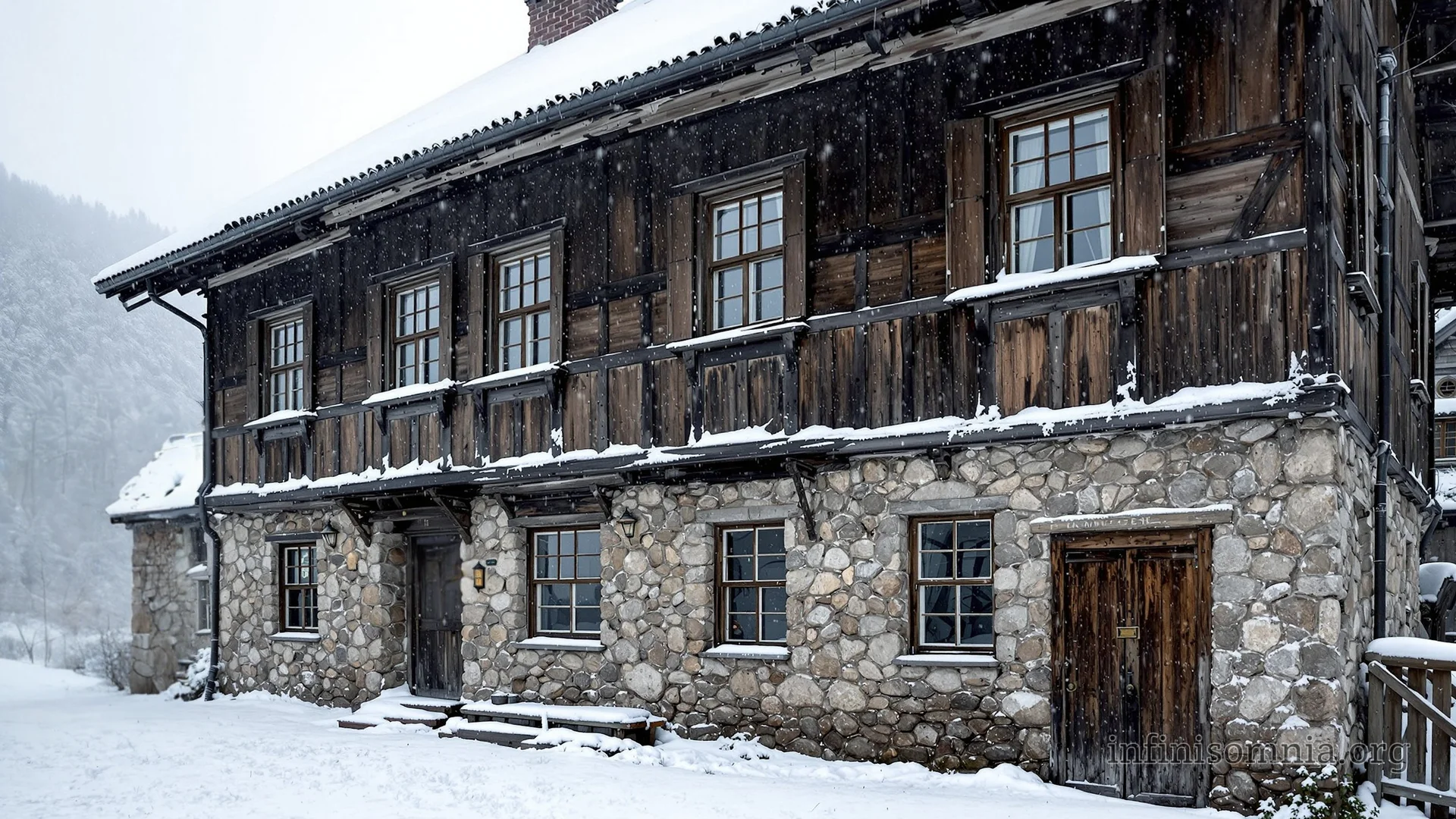 Ein altes Haus in einer tief verschneiten Berglandschaft. Das Erdgeschoss ist aus groben Feldsteinen gebaut, darauf befindet sich ein weiteres Stockwerk aus dunklem Holz und ein Dach. Es schneit leicht, die Luft ist etwas neblig und kalt.
