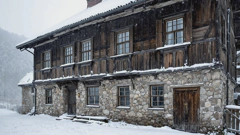 Ein altes Haus in einer tief verschneiten Berglandschaft. Das Erdgeschoss ist aus groben Feldsteinen gebaut, darauf befindet sich ein weiteres Stockwerk aus dunklem Holz und ein Dach. Es schneit leicht, die Luft ist etwas neblig und kalt.