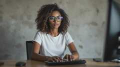 In einem modernen Raum im Industrie-Stil sitzt eine Frau an einem Schreibtisch und tippt auf einer Tastatur, während sie auf den Monitor schaut.