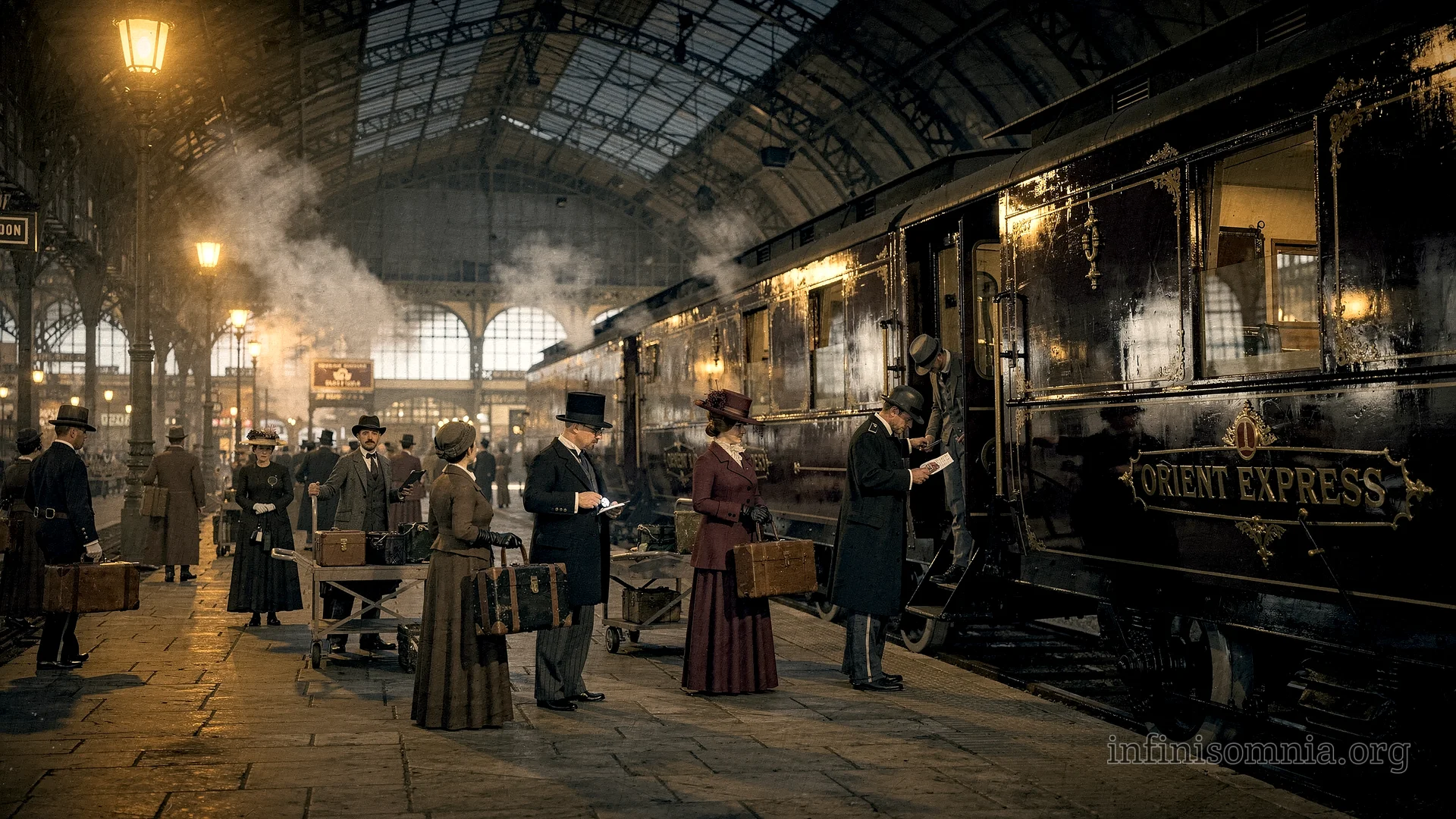 Orient-Express-Waggons am Bahnsteig einer Bahnhofshalle. Passagiere mit Gepäck steigen ein und aus. Die Menschen tragen Kleidung aus dem frühen 20. Jahrhundert.
