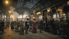 Orient-Express-Waggons am Bahnsteig einer Bahnhofshalle. Passagiere mit Gepäck steigen ein und aus. Die Menschen tragen Kleidung aus dem frühen 20. Jahrhundert.