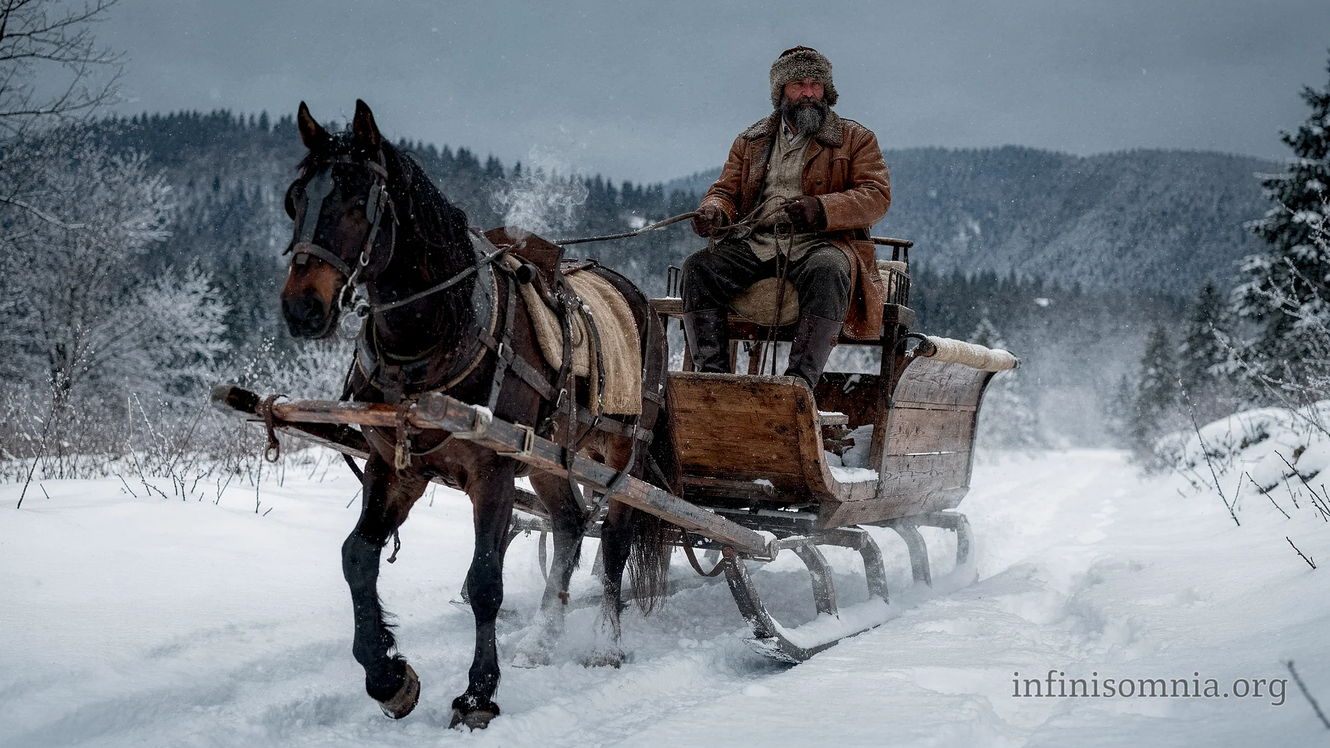 Eine Winterlandschaft mit tiefem Schnee. Ein alter Mann sitzt vorne auf einem Holzschlitten. Er trägt dicke Kleidung und eine Pelzmütze. Ein Pferd zieht den Schlitten langsam durch den Schnee.
