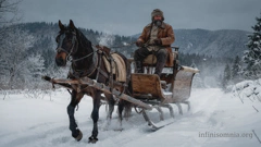 Eine Winterlandschaft mit tiefem Schnee. Ein alter Mann sitzt vorne auf einem Holzschlitten. Er trägt dicke Kleidung und eine Pelzmütze. Ein Pferd zieht den Schlitten langsam durch den Schnee.