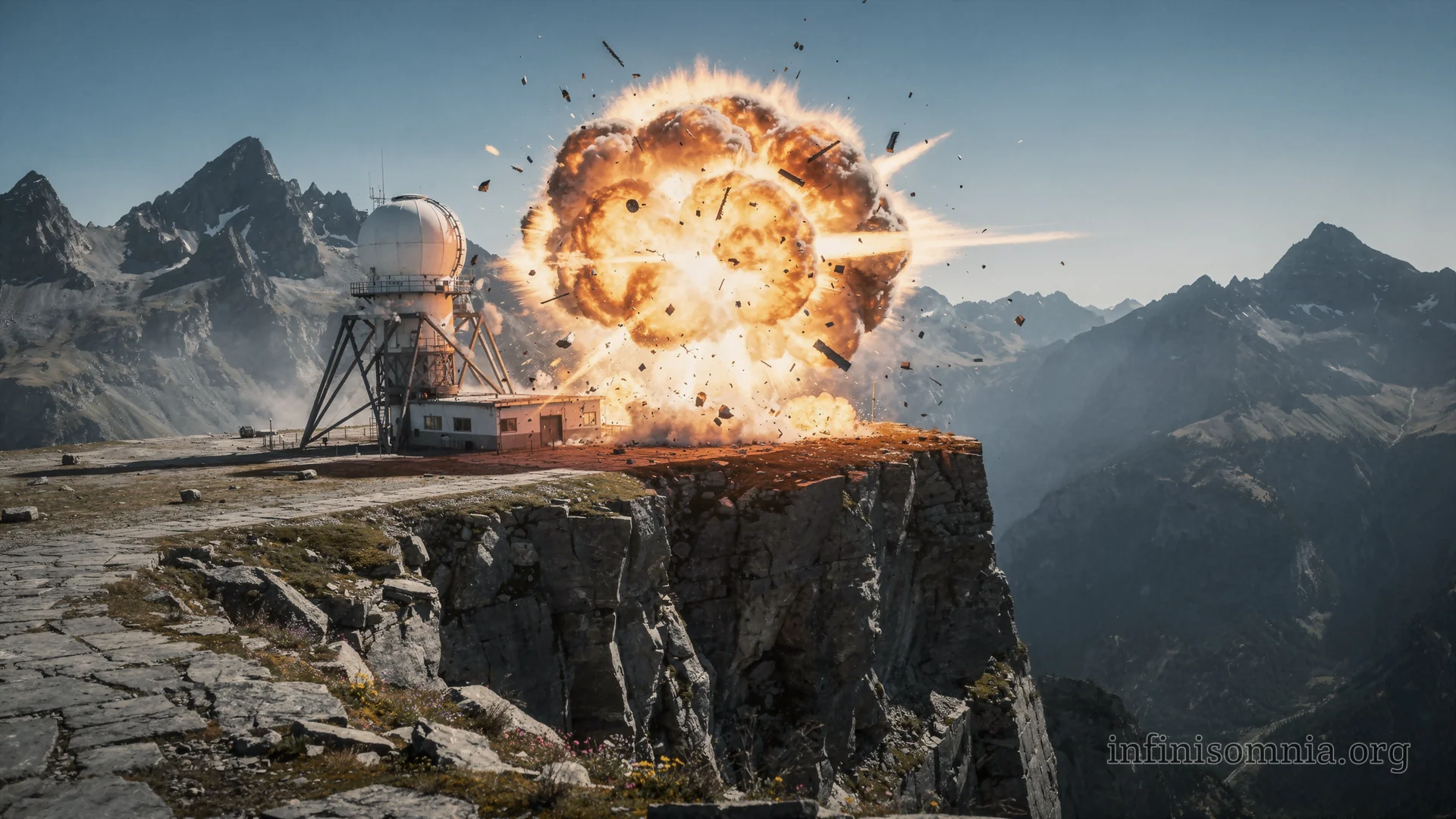 Auf dem Plateau eines hohen Berges explodiert eine Radarstation in einem gewaltigen Feuerball.
