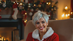 Miray in einem Weihnachtsmannkostüm. Sie sitzt auf einer Couch in einem Wohnzimmer mit Weihnachtsdekoration.