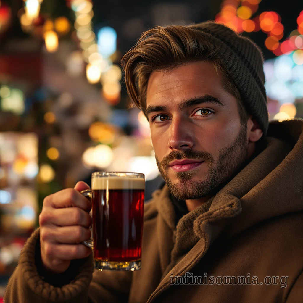 Dian auf einem Weihnachtsmarkt. Er stößt mit einem Glas Glühwein an.
