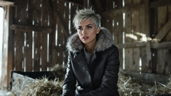 Inside an old barn. Miray sits on a hay cart, wearing a leather winter coat and talking to someone.