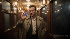 An elderly gentleman in a beige coat, dark suit jacket, and white shirt stands in the corridor of an old sleeping car. In his hand, he holds something that looks like a blue gemstone. It is night, and only warm electric light illuminates the passageway.