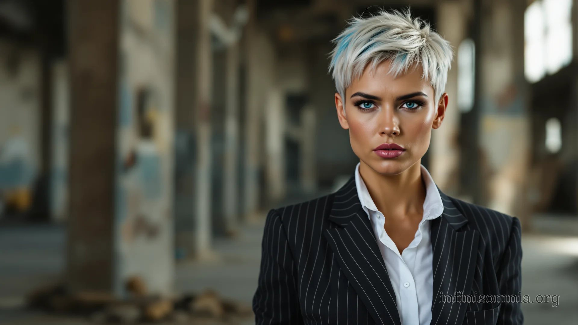 Eine junge Frau, Pixie-Cut, Nadelstreifenanzug. Sie hat einen ernsten Gesichtsausdruck. Im Hintergrund (verschwommen) eine leere Lagerhalle mit Graffiti an den Wänden.
