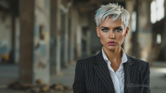 Eine junge Frau, Pixie-Cut, Nadelstreifenanzug. Sie hat einen ernsten Gesichtsausdruck. Im Hintergrund (verschwommen) eine leere Lagerhalle mit Graffiti an den Wänden.