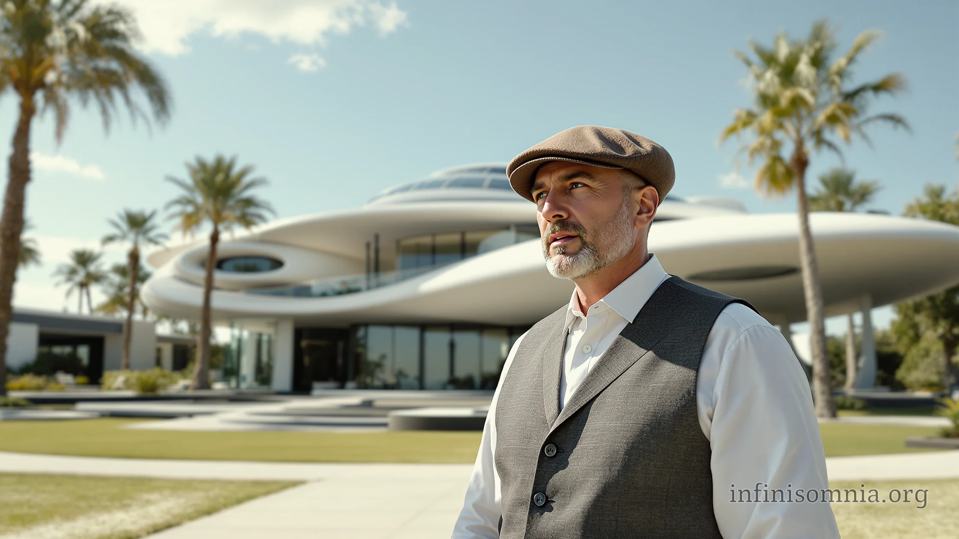 Ein Mann in einem weißen Hemd, einer grauen Weste und passender Mütze, mit einem gepflegten grauen Bart. Er steht in einem Palmengarten, hinter ihm eine futuristische Villa aus Glas und Beton mit geschwungenen Formen, die an ein UFO erinnern.
