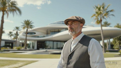 Ein Mann in einem weißen Hemd, einer grauen Weste und passender Mütze, mit einem gepflegten grauen Bart. Er steht in einem Palmengarten, hinter ihm eine futuristische Villa aus Glas und Beton mit geschwungenen Formen, die an ein UFO erinnern.