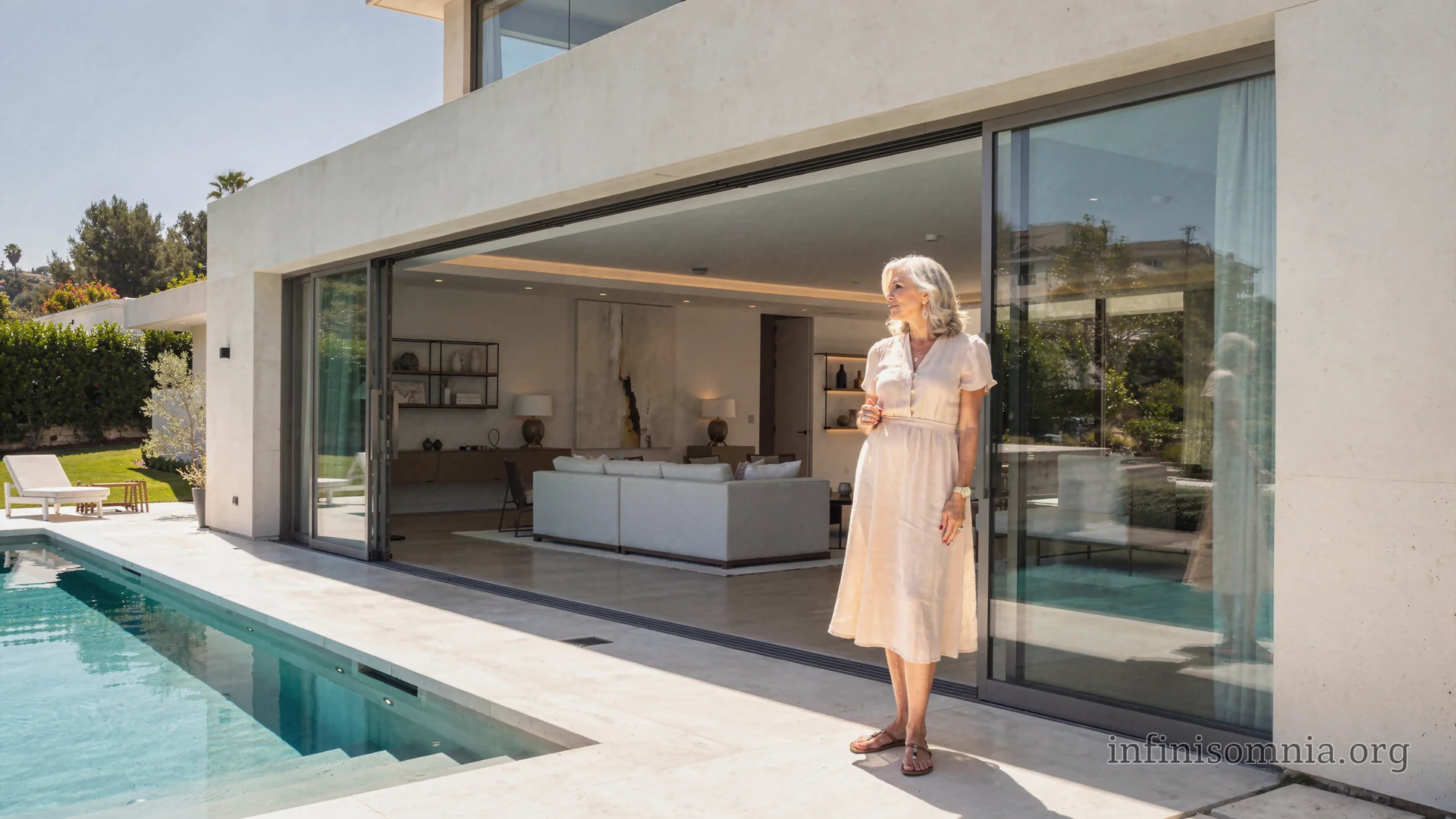 Eine Frau (vielleicht ein ehemaliger Hollywoodstar) steht auf der Terrasse ihres Hauses am Pool. Sie trägt helle Kleidung und Sandalen. Sie blickt in die Ferne, als würde sie jemanden suchen.

