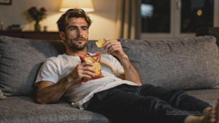 Ein junger Mann sitzt abends auf einem grauen Sofa, sieht fern und hält dabei eine Tüte Chips in der Hand.