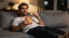 A young man is sitting on a grey sofa in the evening, watching TV while holding a bag of crisps in his hand.