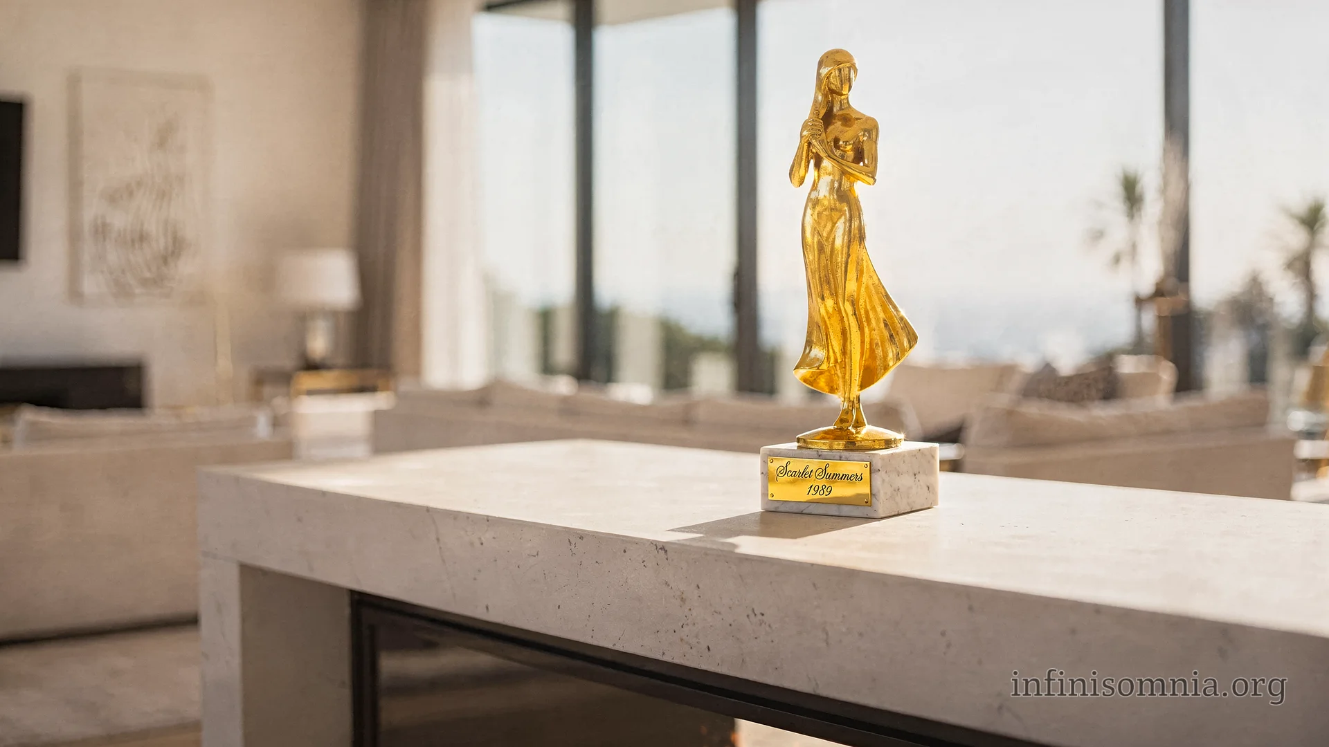 Ein Kamin in einem modernen und luxuriösen Wohnzimmer. Darauf eine kleine goldene Figur, anmutig, feminin, sie scheint fast zu tanzen. Auf ihrer Plakette steht &ldquo;Scarlet Summers, 1989&rdquo; geschrieben.
