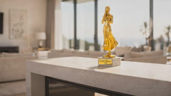 Ein Kamin in einem modernen und luxuriösen Wohnzimmer. Darauf eine kleine goldene Figur, anmutig, feminin, sie scheint fast zu tanzen. Auf ihrer Plakette steht &ldquo;Scarlet Summers, 1989&rdquo; geschrieben.