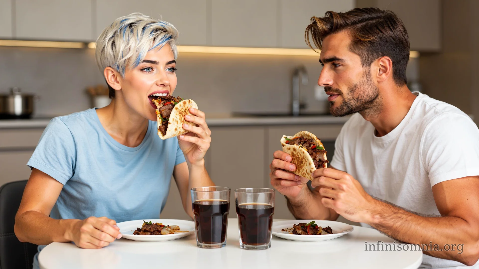 Eine moderne Küche in einer Wohnung. Vorne an einem runden Tisch sitzen Miray und Dian. Sie haben beide einen Döner in der Hand, Miray beißt genüsslich hinein.
