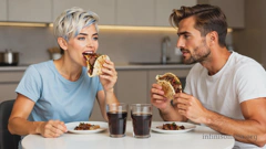 Eine moderne Küche in einer Wohnung. Vorne an einem runden Tisch sitzen Miray und Dian. Sie haben beide einen Döner in der Hand, Miray beißt genüsslich hinein.