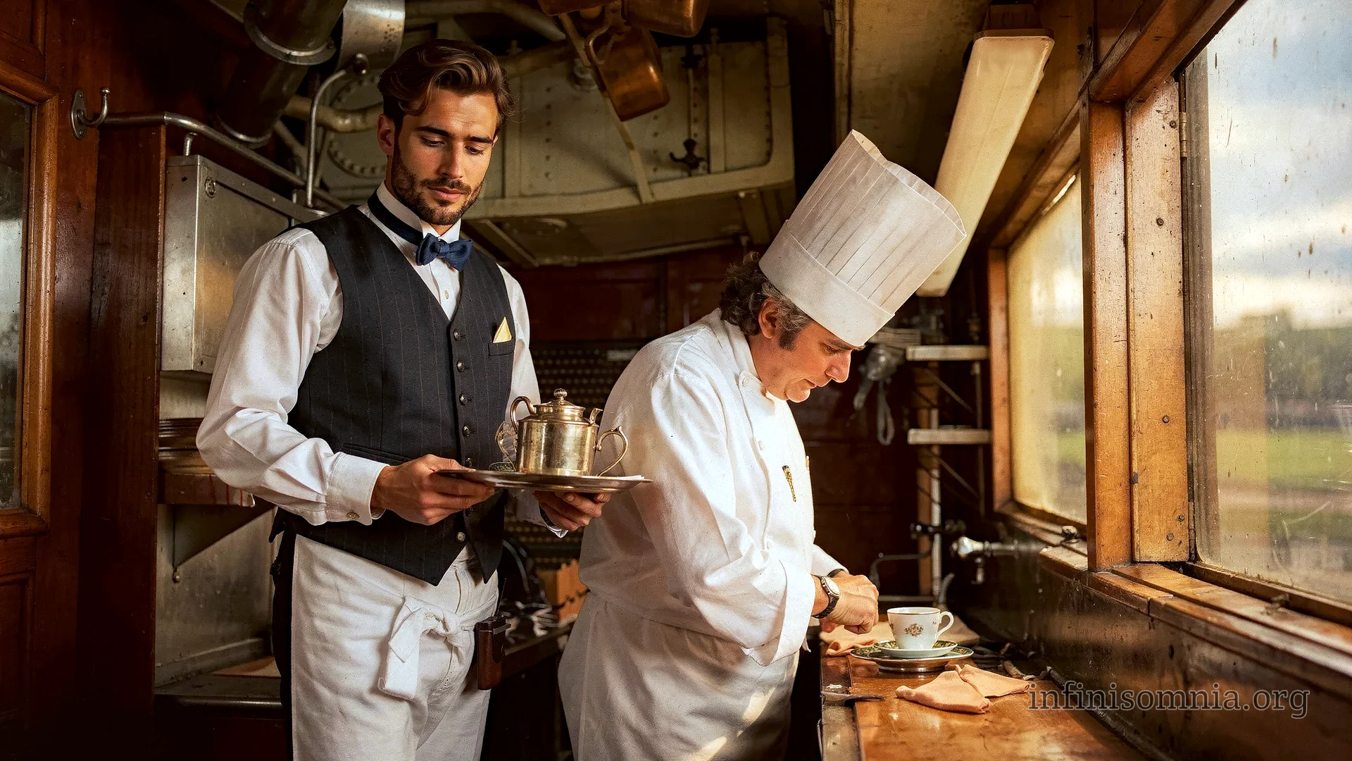 Die enge Küche des Orient Express, mit einer Arbeitsplatte am Fenster, Metallschränken an der Wand und Töpfe, die von der Decke hängen. Der Koch steht an der Arbeitsplatte und bereitet eine Tasse Kaffee zu, während Dian hinter ihm steht und ein Tablett mit einer Kanne hält.
