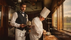 The cramped kitchen of the Orient Express, with a worktop by the window, metal cupboards on the wall and pots hanging from the ceiling. The chef is standing at the worktop preparing a cup of coffee, while Dian stands behind him holding a tray with a pot.
