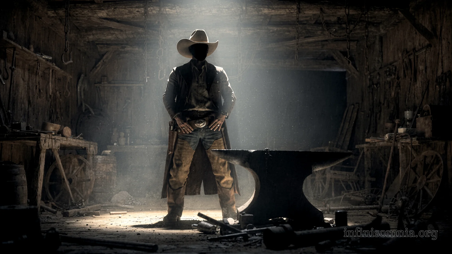 A blacksmith&rsquo;s forge in the Wild West. It is dark. In the foreground, a large anvil can be seen. In the centre stands a cowboy. A harsh spotlight illuminates him from above. He stands there casually, ready for a duel. His face is completely dark and cannot be made out.
