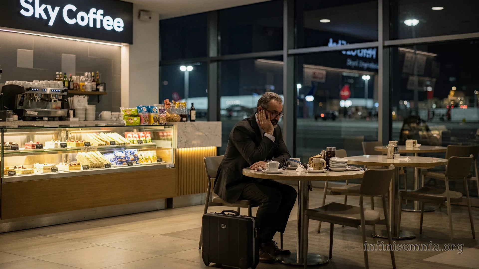 Late at night, a man is waiting in an empty airport café. He looks tired and frustrated. There are several coffee cups and empty plates on the table. A briefcase is sitting next to him.
