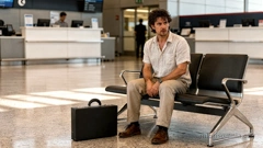 A man with a suitcase is sitting in an airport waiting area. He&rsquo;s looking around nervously.