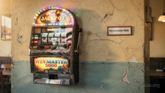 On the wall of a slightly run-down café hangs a slot machine. It has four reels, a brightly lit &ldquo;Jackpot&rdquo; panel at the top, and &ldquo;WinMaster 5000&rdquo; written in large letters at the bottom. The machine is clearly in operation. Right next to it, a sign hangs on the wall: &ldquo;Decoration Only&rdquo;. (AI generated image)